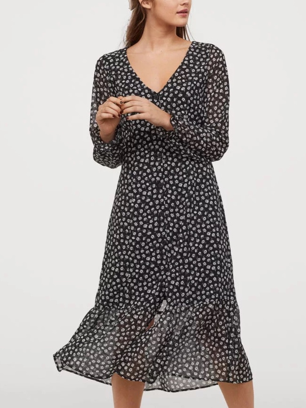 Divided H&M Black Floral V-Neck Midi Dress